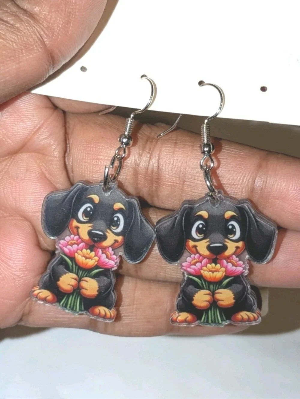 Hand Crafted Women's/Girls Cute Black Dachshund Earrings with Pink Flowers
